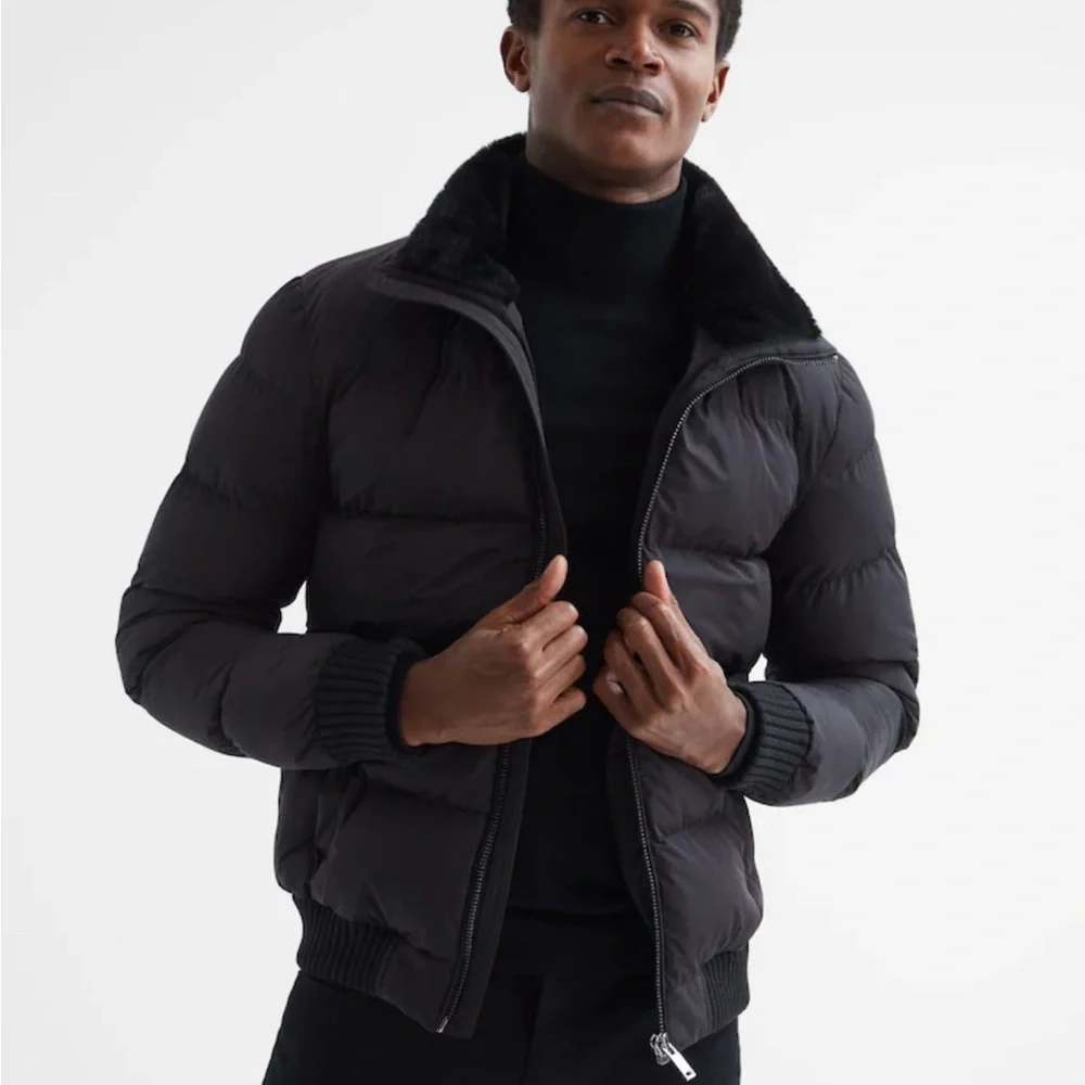 Reiss Black Frost Faux Fur Trim Puffer Jacket - Picture 1 of 5